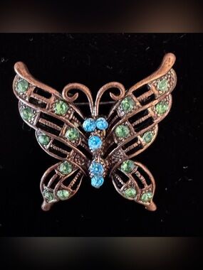 Vintage-Inspired Butterfly Brooch with Blue and Green Stones